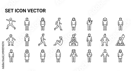 set of diverse human figures line art icons showcasing various poses and activities for modern graphic design and uiux elements.