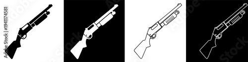 Shotgun icon set in various styles black and white outline solid fill.