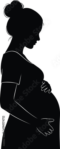 Black silhouette vector illustration of pregnant woman standing in profile, cradling belly, maternal care, motherhood, anticipation, family artwork design