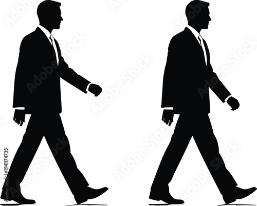 Silhouette business man walking, professional posture, corporate movement concept, symmetry illustration, confrontation idea, minimalist art, body language, direction gesture