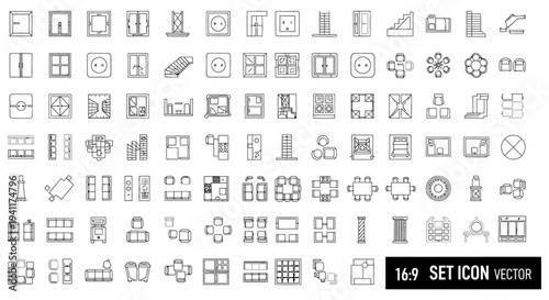 architectural floor plan icons vector for building and interior design featuring furniture doors windows and stairs.