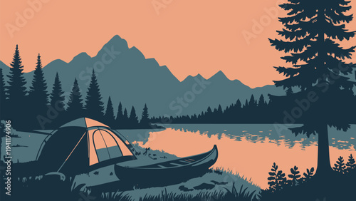 Serene camping scene by tranquil lake at sunset