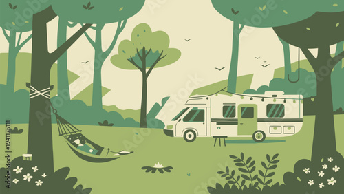 Relaxing campsite scene with RV and hammock in serene forest