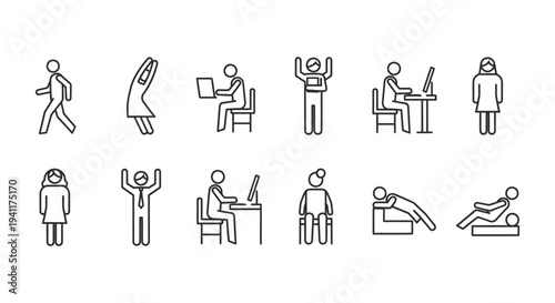line art people icons illustrating diverse human activities from working and exercising to relaxing ideal for business and lifestyle.