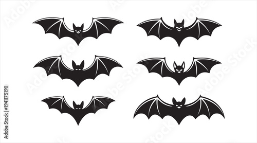 Minimal flying bat silhouette set isolated on background for spooky design concept