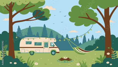 Couple's serene camping getaway in green forest with camper van