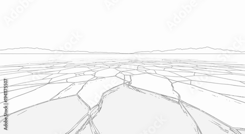 Minimalist line art illustration of a fractured ground plane beneath a clear sky with distant peaks