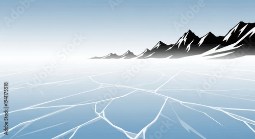 A vast frozen expanse with intricate ice cracks extends towards a distant jagged mountain range