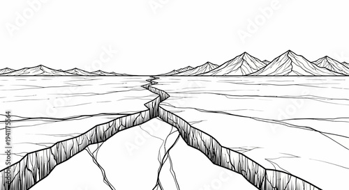Deep fissure dramatically bisecting an expansive frozen landscape beneath a clear sky with distant