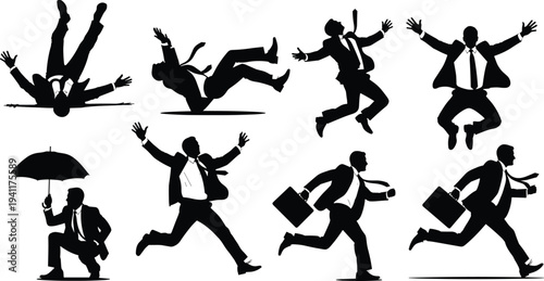Businesspeople silhouette vector illustration with dynamic poses, suit and tie artwork, corporate gesture design concept, energetic motion collection