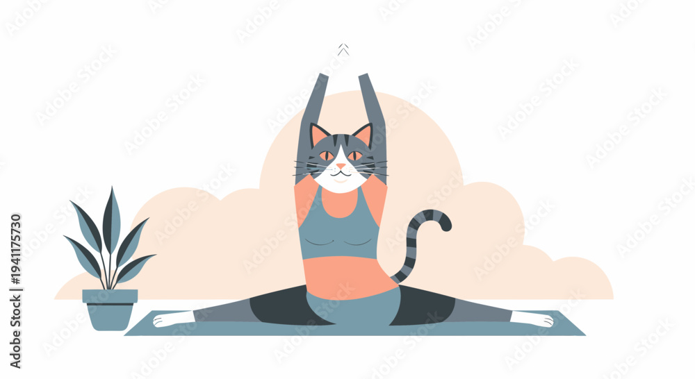 Obraz premium Adorable Cartoon Cat Doing Splits In A Yoga Class