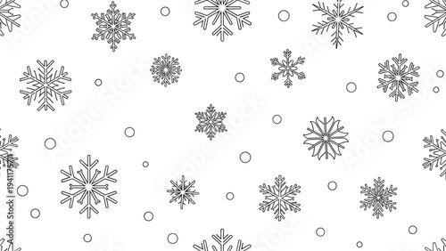 Delicate winter pattern of various hand drawn snowflake outlines and small circles on a clean white background.
