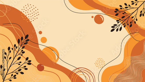Abstract autumn background with fluid shapes dots and botanical branches in warm orange and brown color tones.