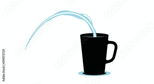 A graceful arc of refreshing blue liquid flows dynamically into a sleek black mug a stylized