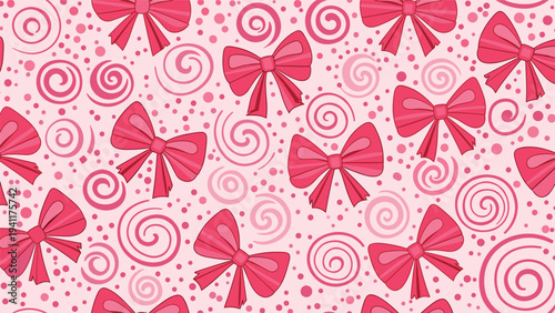 Playful pink pattern with cute bows swirls and polka dots creates a feminine and whimsical background design.