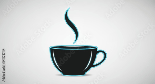 Stylized hot beverage cup icon featuring luminous azure outline and elegant vapor ascent