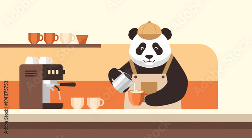 Adorable Panda Barista Pouring Latte Art At A Cozy Coffee Shop