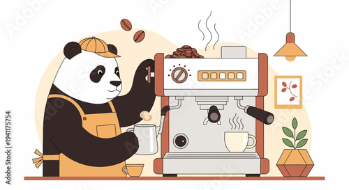 Adorable Panda Barista Brewing Espresso With Professional Coffee Machine