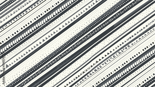 Seamless geometric pattern of slanted ethnic stripes in grey and white featuring various tribal motifs, dots, and zigzags in a modern style.