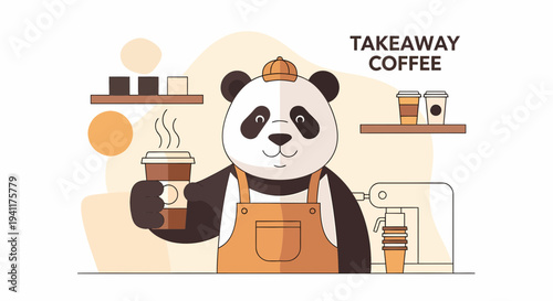 Adorable Panda Barista Serving Takeaway Coffee Cartoon Illustration