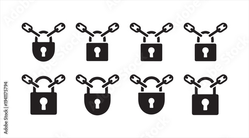 Broken chain padlock icons collection representing security breach and vulnerability