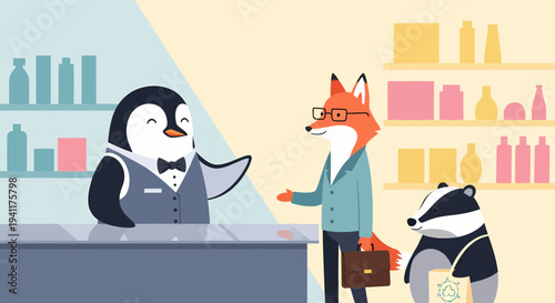 Animals Enjoying Shopping Environment In Stylish Flat Vector Design
