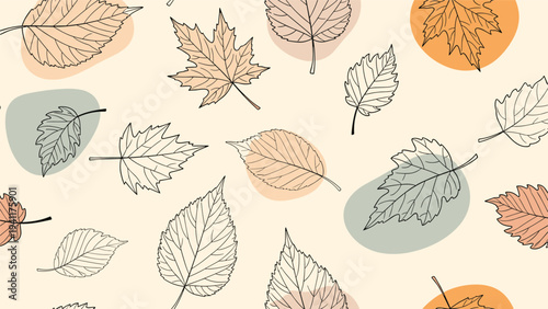 Seamless pattern of various line art leaves with soft pastel color circles behind them on a light background for a modern nature aesthetic.