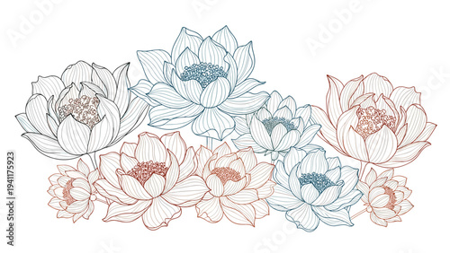 Collection of detailed line art lotus flowers in shades of blue and orange arranged in a group for a serene and spiritual botanical design.