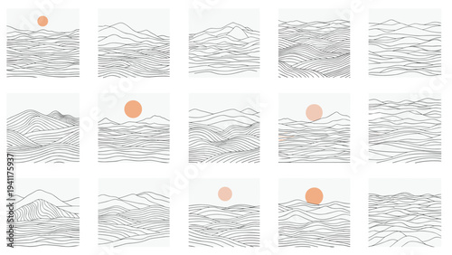 Grid of fifteen abstract landscape sketches featuring stylized mountains and a soft orange sun made of repeating horizontal and wavy lines.