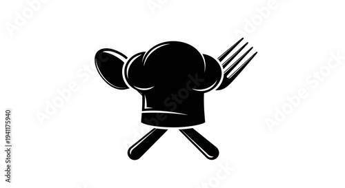 Minimalist black chef toque with crossed spoon and fork creating a unique restaurant emblem for