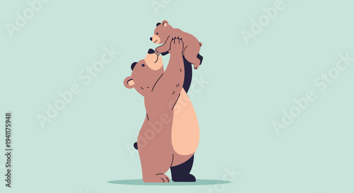 Bear Parent Raising Cub Cartoon Illustration On Light Blue Background