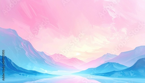 A serene landscape depicting mountains bathed in pastel hues of pink, blue, and violet under a bright sky. The sky is a gradient blend