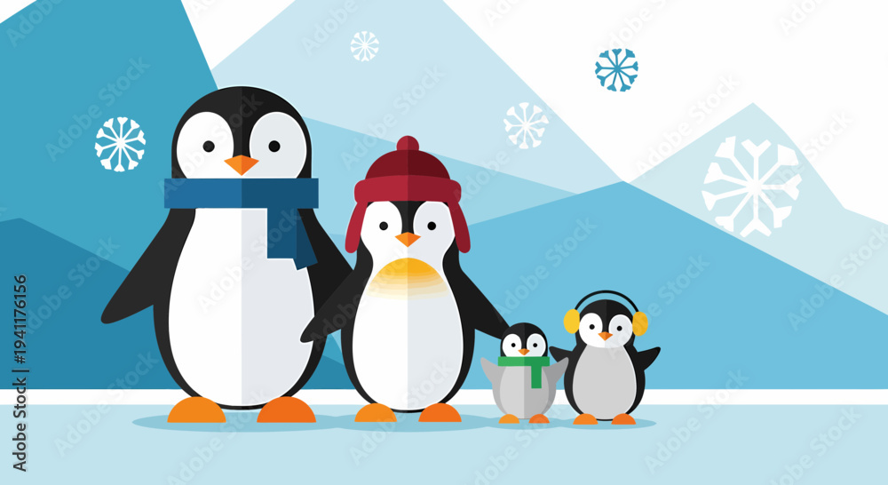 Fototapeta premium Charming Penguin Family Illustration Against Winter Landscape Background