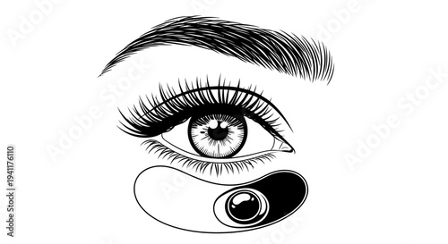 Detailed monochrome illustration of a human eye with eyebrow, eyelashes, and a contact lens in a