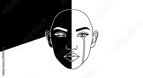 Striking minimalist black and white portrait illustrating emotional duality and contrast