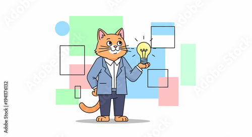Cat Entrepreneur Presenting A Brilliant Idea Holding Lightbulb