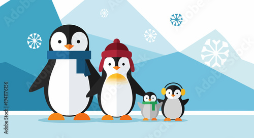 Charming Penguin Family Illustration Against Winter Landscape Background