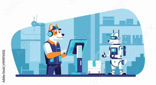 Futuristic Logistics Featuring Canine And Robot Teams In Warehouse