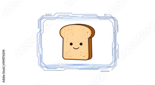 Smiling bread slice within a futuristic digital frame displaying positive energy and simple joy