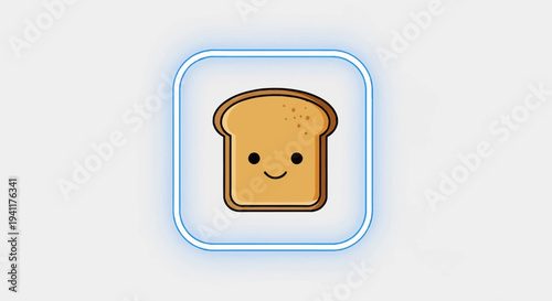 Joyful cartoon bread slice icon with a bright blue neon frame conveying happiness