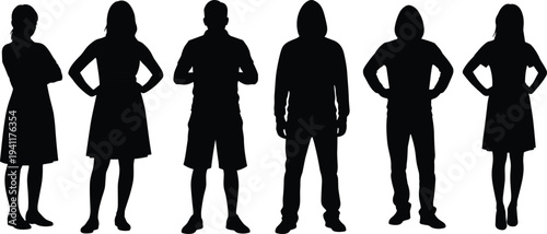 Silhouette diverse people standing, male female figures, clothing posture variation, social interaction concept, minimalist art, human identity representation illustration