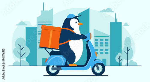 Penguin Delivery Service Rides a Scooter Through Cityscape