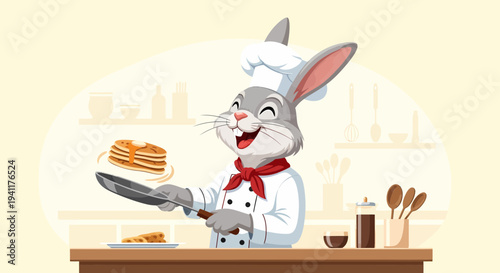 Rabbit Chef Expertly Flipping Pancakes In The Kitchen Cartoon Style