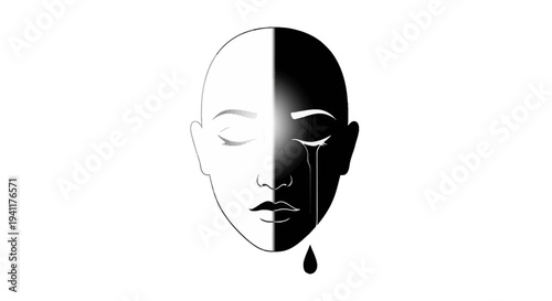 Profound dual emotional state depicted in monochrome silhouette with a single teardrop