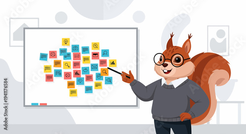 Squirrel Explaining Business Strategy With Sticky Notes on Whiteboard