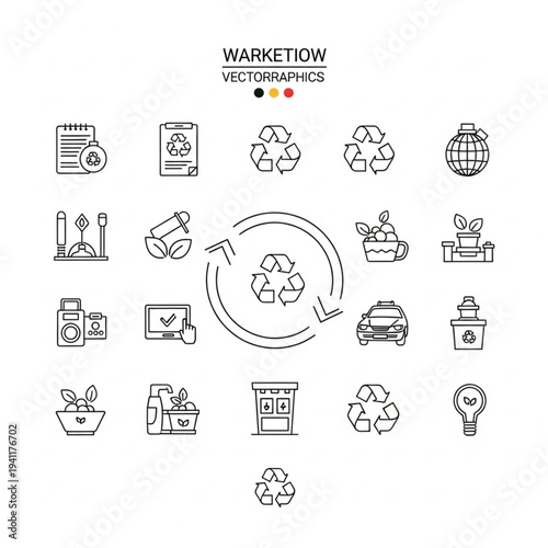 Set of simple line icons representing recycling and sustainability concepts.