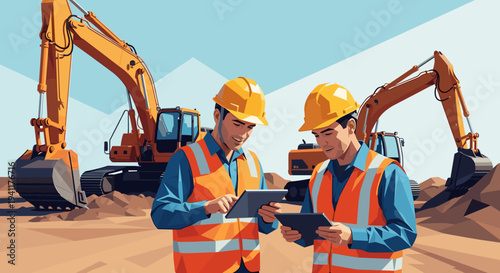Construction site workers with tablets overseeing excavators in geometric style