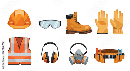 Construction safety equipment icons set: helmet, vest, boots, goggles, gloves
