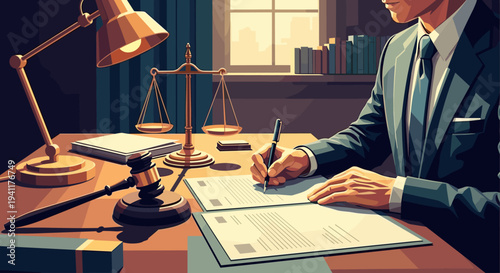 Elegant law office with professional businessman signing legal documents