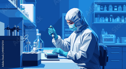 Scientist in hazmat suit working in a laboratory setting